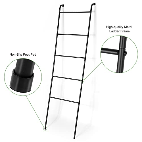 Towel Blanket Ladder Black Metal Blanket Ladder Holder Industrial 5 Tier Wall Leaning Ladder Rack for Bathroom Living Room Laundry Room (Matte Black)