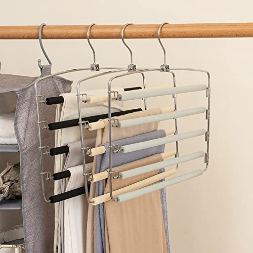 5 Layers Stainless Steel Pants Hangers Non-Slip Foam Padded Swing Arm Space Saving Clothes Slack Hangers(3 Pack) for Jeans, Suit Pants