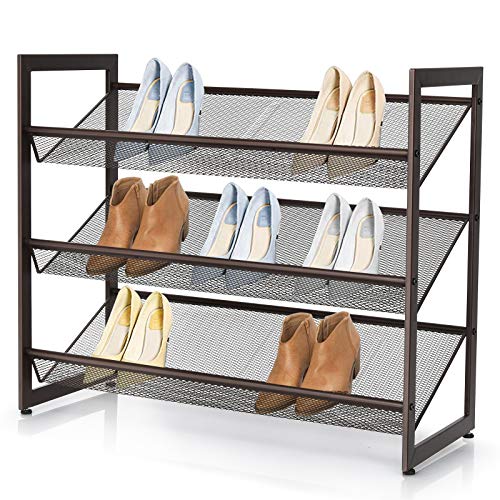 Giantex 3-Tier Metal Shoe Rack, Shoe Storage Organizer with Adjustable Angled or Flat Mesh Shelf for 9 to 12 Pairs of Shoes, Freestanding Shoe Shelf for Bedroom, Entryway, Closet, Hallway