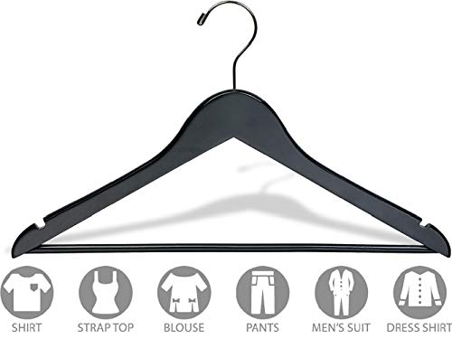 Black Rubberized Wooden Suit Hangers with Solid Wood Bar, Flat Rubber Coated Hangers with Chrome Swivel Hook & Notches (Set of 50) by The Great American Hanger Company
