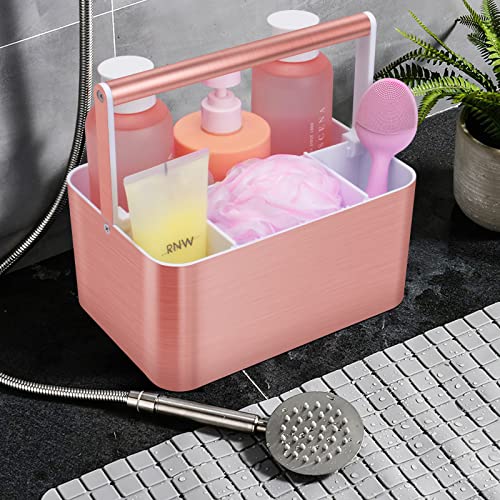 BYUNER Plastic Shower Caddy Basket - Portable Large Bath Storage Organizer Bin Tote with Handle and divider for College Dorm,Cabinet,Bathroom Counter, Brushed Nickel Gray&Pink