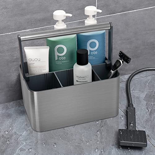 BYUNER Plastic Shower Caddy Basket - Portable Large Bath Storage Organizer Bin Tote with Handle and divider for College Dorm,Cabinet,Bathroom Counter, Brushed Nickel Gray&Pink