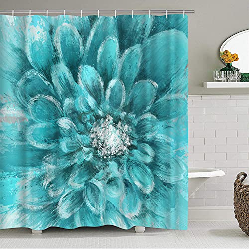 DuoBaorom 4 Pieces Set Dahlia Flower Shower Curtain Set Teal Bath Floral Picture Art on Non-Slip Rugs Toilet Lid Cover Bath Mat and Bathroom Curtain with 12 Hooks 72x72inch