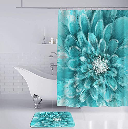 DuoBaorom 4 Pieces Set Dahlia Flower Shower Curtain Set Teal Bath Floral Picture Art on Non-Slip Rugs Toilet Lid Cover Bath Mat and Bathroom Curtain with 12 Hooks 72x72inch