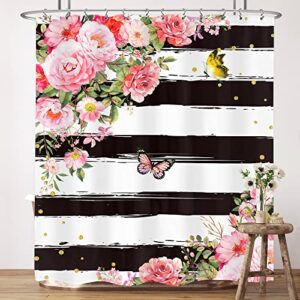 lightinhome rose shower curtain 60wx72h inches romantic flowers colorful butterfly floral vintage retro black and white stripe cloth fabric waterproof polyester bathroom home decor set with hooks