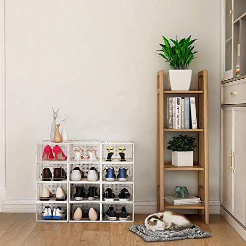 Baram Shoe Storage Shoe Organizer for Closet Clear Storage Plastic Bins with Interlocking Side Door Open |Stackable &Collapsible Shoe Cubby for Men & Women Shoes, Sneaker| Set of 12 pack Medium Size