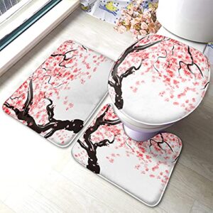 wondertify japanese cherry tree blossom bathroom antiskid pad pink 3 pieces bathroom rugs set, bath mat+contour+toilet lid cover
