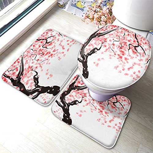 WONDERTIFY Japanese Cherry Tree Blossom Bathroom Antiskid Pad Pink 3 Pieces Bathroom Rugs Set, Bath Mat+Contour+Toilet Lid Cover