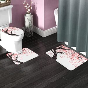 WONDERTIFY Japanese Cherry Tree Blossom Bathroom Antiskid Pad Pink 3 Pieces Bathroom Rugs Set, Bath Mat+Contour+Toilet Lid Cover