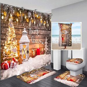 yrigsun 5 pcs wood light snow christmas tree decor merry christmas shower curtain sets with rugs and towels, toilet lid cover, bath mat festive colorful xmas elements bathroom set