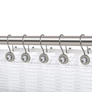 shower hooks - double shower curtain rings for bathroom - rust resistant shower curtain hooks for shower curtain or liner - shower curtain rings with crystal design - set of 12, brushed nickel