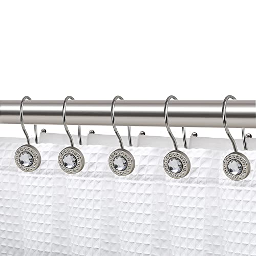 Shower Hooks - Double Shower Curtain Rings for Bathroom - Rust Resistant Shower Curtain Hooks for Shower Curtain or Liner - Shower Curtain Rings with Crystal Design - Set of 12, Brushed Nickel