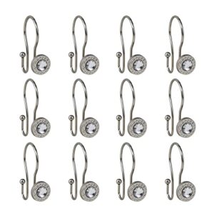 Shower Hooks - Double Shower Curtain Rings for Bathroom - Rust Resistant Shower Curtain Hooks for Shower Curtain or Liner - Shower Curtain Rings with Crystal Design - Set of 12, Brushed Nickel