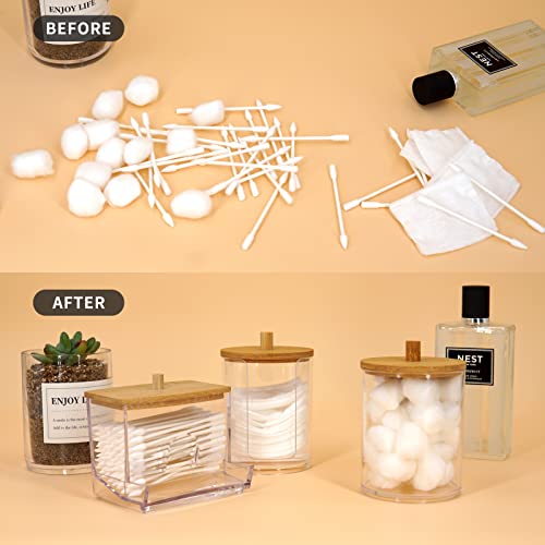 Yujanery 3 Pack Qtip Holder, 10/7-Ounce Bathroom Organizer Accessories Storage Containers Clear Plastic Apothecary Jars with Bamboo Lids for Cotton Ball, Cotton Swab, Floss