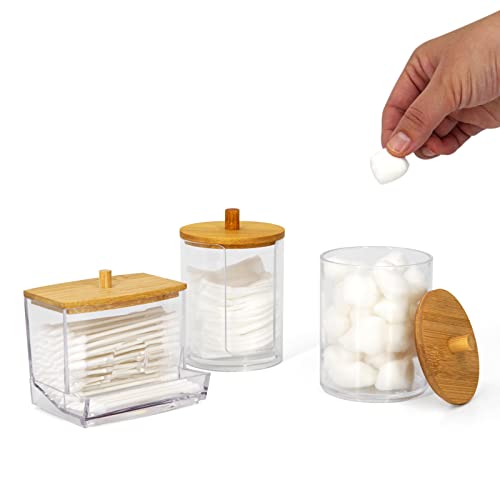 Yujanery 3 Pack Qtip Holder, 10/7-Ounce Bathroom Organizer Accessories Storage Containers Clear Plastic Apothecary Jars with Bamboo Lids for Cotton Ball, Cotton Swab, Floss