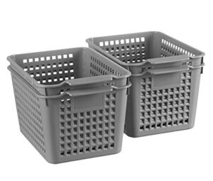 plastic storage basket - 4 pack plastic storage basket tray, gray plastic storage bins, organizer bins, weave storage basket with handles, perfect for office kitchen bathroom