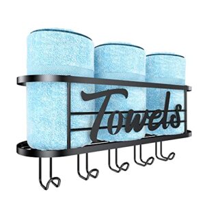 towel rack wall mounted - rolled towel holder with 5 towel hooks, organizer bath sheet and hanging towel - deliton black bathroom decor storage series