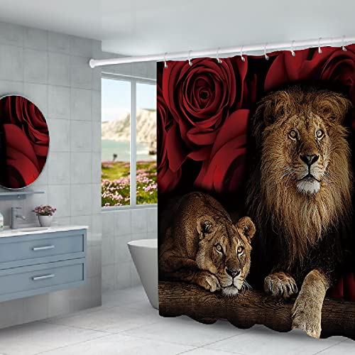 GUDAGUU 4 Piece Red Rose with Tiger and Lion Shower Curtains Bathroom Sets,Romantic Animals Bath Rugs Toilet Seat Cover