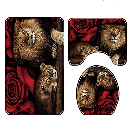 GUDAGUU 4 Piece Red Rose with Tiger and Lion Shower Curtains Bathroom Sets,Romantic Animals Bath Rugs Toilet Seat Cover