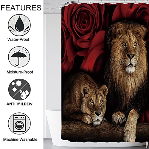 GUDAGUU 4 Piece Red Rose with Tiger and Lion Shower Curtains Bathroom Sets,Romantic Animals Bath Rugs Toilet Seat Cover