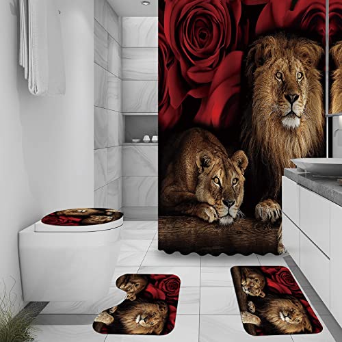 GUDAGUU 4 Piece Red Rose with Tiger and Lion Shower Curtains Bathroom Sets,Romantic Animals Bath Rugs Toilet Seat Cover