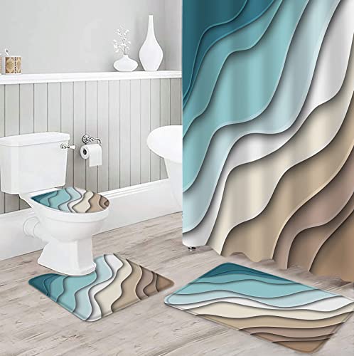 PakiInno Shower Curtain Sets 4 Piece Bathroom Decor Sets with Rugs, Ombre Abstract Geometry Gradient Teal to Brown Waterproof Shower Curtain Non-Slip Rug with Hooks for Tub-