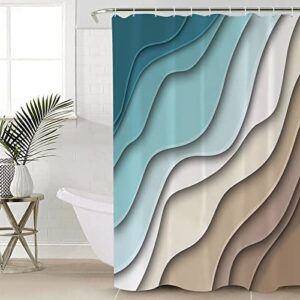 PakiInno Shower Curtain Sets 4 Piece Bathroom Decor Sets with Rugs, Ombre Abstract Geometry Gradient Teal to Brown Waterproof Shower Curtain Non-Slip Rug with Hooks for Tub-