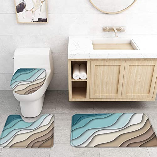 PakiInno Shower Curtain Sets 4 Piece Bathroom Decor Sets with Rugs, Ombre Abstract Geometry Gradient Teal to Brown Waterproof Shower Curtain Non-Slip Rug with Hooks for Tub-