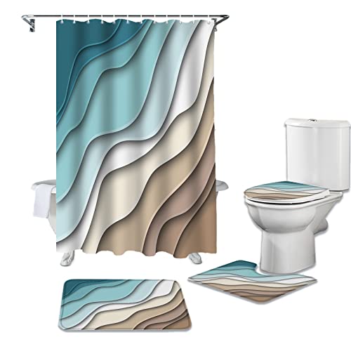 PakiInno Shower Curtain Sets 4 Piece Bathroom Decor Sets with Rugs, Ombre Abstract Geometry Gradient Teal to Brown Waterproof Shower Curtain Non-Slip Rug with Hooks for Tub-