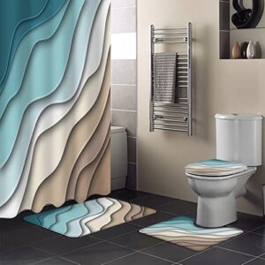 PakiInno Shower Curtain Sets 4 Piece Bathroom Decor Sets with Rugs, Ombre Abstract Geometry Gradient Teal to Brown Waterproof Shower Curtain Non-Slip Rug with Hooks for Tub-