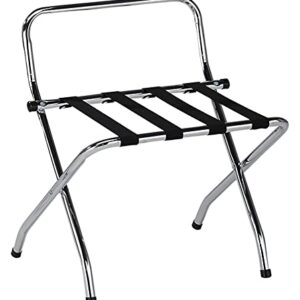 Pilaster Designs Contemporary Foldable 24-Inch Bess Chrome & Black Metal Luggage Rack Stand with High Back & Nylon Belts