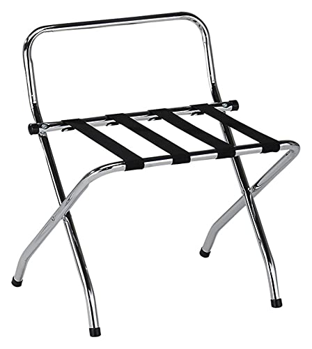 Pilaster Designs Contemporary Foldable 24-Inch Bess Chrome & Black Metal Luggage Rack Stand with High Back & Nylon Belts