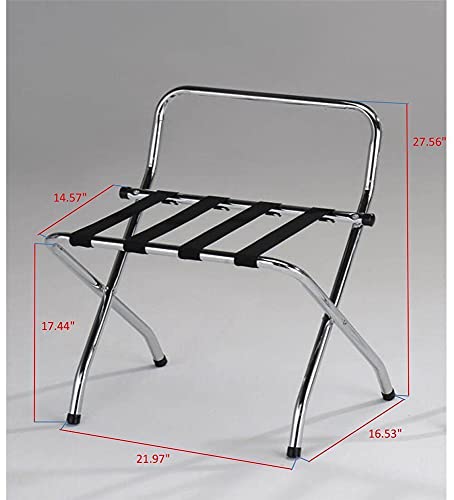 Pilaster Designs Contemporary Foldable 24-Inch Bess Chrome & Black Metal Luggage Rack Stand with High Back & Nylon Belts