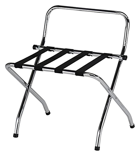 Pilaster Designs Contemporary Foldable 24-Inch Bess Chrome & Black Metal Luggage Rack Stand with High Back & Nylon Belts