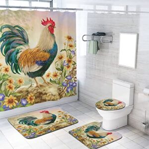 Zmcongz Rooster Bathroom Sets with Shower Curtain and Rugs and Accessories Watercolor Farm Animal Floral Waterproof Fabric Cloth Bath Curtain, Non-Slip Bathroom Rugs Bath Mats, 72x72 Inch