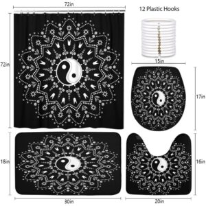 HODKHNO Yin Yang Mandala Shower Curtains Sets with Non-Slip Rugs, Toilet Lid Cover and Bath Mat Waterproof Bathroom Decor 4Pcs Set (72 x 72In)