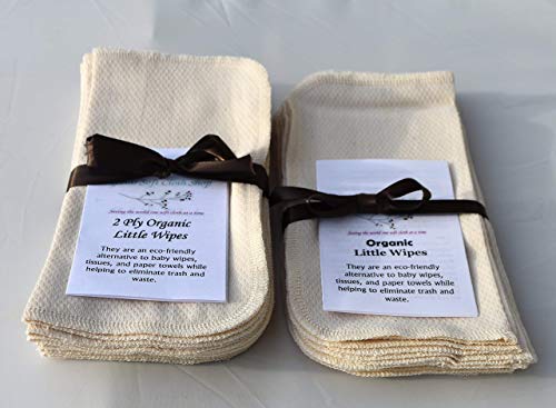 2 Ply Organic Flannel Washable Baby Wipes 8 x 8 Inches Set of 10 Matching Organic Cotton Thread