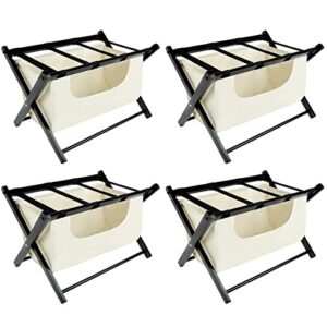 luggage rack pack of 4, with detachable laundry bag, premium texture solid wood luggage rack for guest room, nylon with foldable suitcase rack for max 200lbs load, dirty clothes storage, suitable for hotel rooms