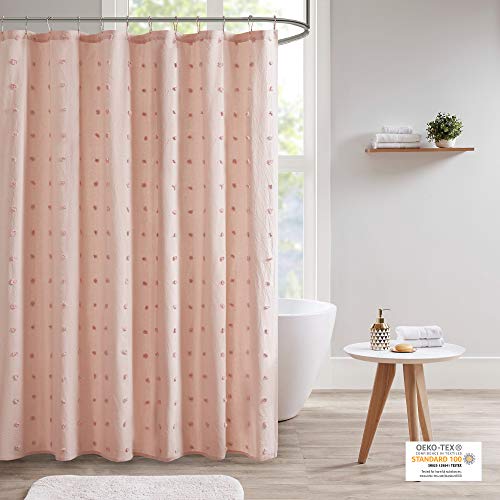 Urban Habitat Brooklyn Cotton Fabric Shower Curtain Jacquard Pom-Pom Machine Washable Shabby Chic Modern Home Bathroom Décor Bathtub Privacy Screen, 70" x 72", Pink