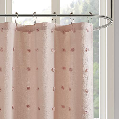 Urban Habitat Brooklyn Cotton Fabric Shower Curtain Jacquard Pom-Pom Machine Washable Shabby Chic Modern Home Bathroom Décor Bathtub Privacy Screen, 70" x 72", Pink