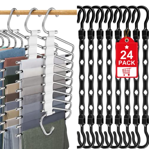 2 Pack Pants Hangers Space Saving + 24 Pack Hangers Space Saving Closet Organizers and Storage for Wardrobe Apartment College Dorm Room Essentials