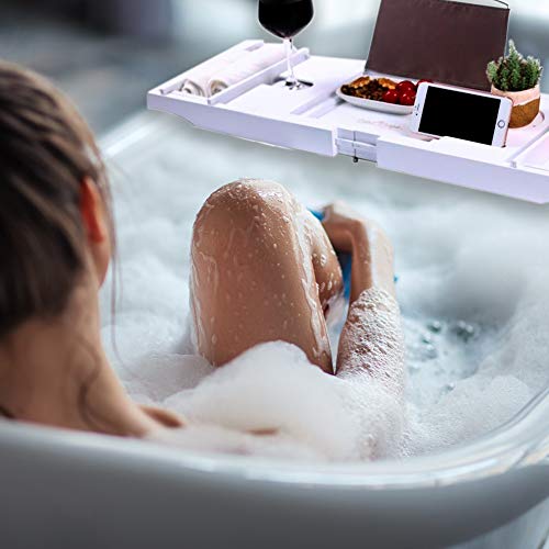 Cabot & Carlyle Luxury Bath Caddy Tray for Tub | Bath Table | Premium Bamboo Bathtub Tray for Tub | Fits All Bath Accessories Wine Glass, Books, Tablets, Cellphones, Shampoo | Bath Shelf Foldable
