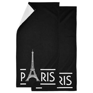 naanle stylish romantic france paris with eiffel tower soft fluffy guest set of 2 hand towels, multipurpose decor for bathroom, hotel, gym and spa (14" x 28",black)