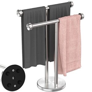 vehhe hand towel holder stand, double t-shape towel rack countertop with suction cups, free standing towel holder for bathroom, kitchen and vanity, waterproof hand towel stand made of stainless steel