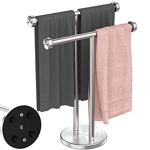 VEHHE Hand Towel Holder Stand, Double T-Shape Towel Rack Countertop with Suction Cups, Free Standing Towel Holder for Bathroom, Kitchen and Vanity, Waterproof Hand Towel Stand Made of Stainless Steel