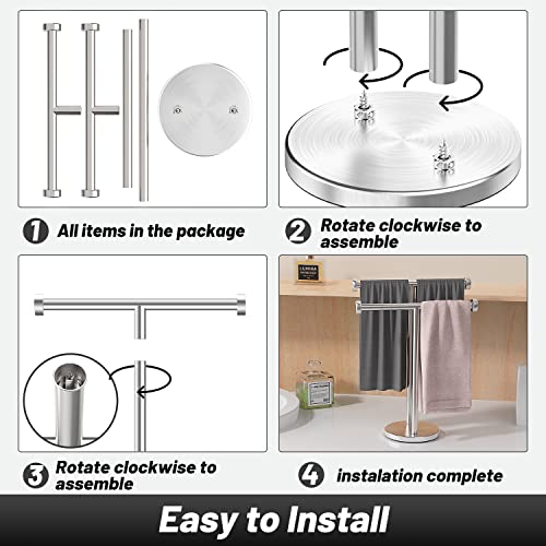 VEHHE Hand Towel Holder Stand, Double T-Shape Towel Rack Countertop with Suction Cups, Free Standing Towel Holder for Bathroom, Kitchen and Vanity, Waterproof Hand Towel Stand Made of Stainless Steel