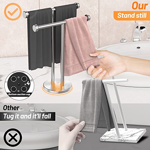 VEHHE Hand Towel Holder Stand, Double T-Shape Towel Rack Countertop with Suction Cups, Free Standing Towel Holder for Bathroom, Kitchen and Vanity, Waterproof Hand Towel Stand Made of Stainless Steel