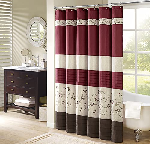 Serene Flora Fabric Shower Curtain , mbroidered Transitional Shower Curtains for Bathroom , 72 X 72" , Red