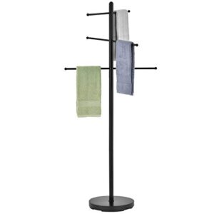 mygift black metal freestanding bathroom towel holder drying rack with 6 bars and weighted base, spa or poolside towel stand