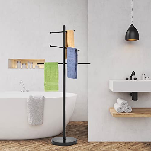 MyGift Black Metal Freestanding Bathroom Towel Holder Drying Rack with 6 Bars and Weighted Base, Spa or Poolside Towel Stand